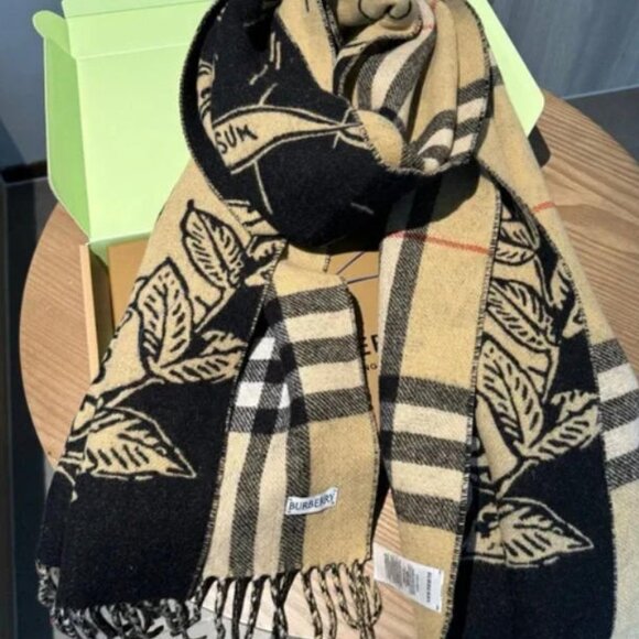Burberry Black and Tan Leaf Design Scarf - Picture 1 of 6